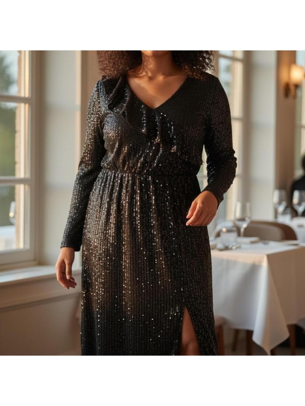 BloomChic Black Sequin V-Neck Maxi Dress with Front Slit